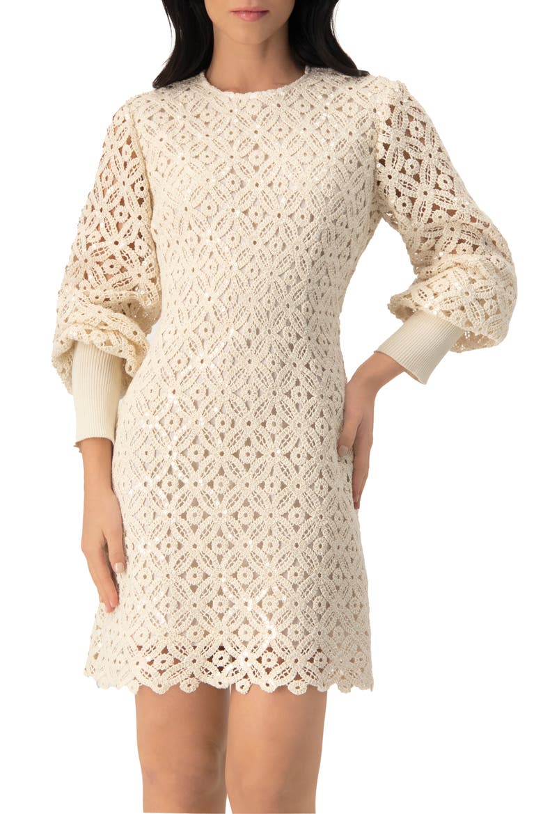 Embroidered Crochet Mini Dress with Sequin Detailing, Main, color, Natural
