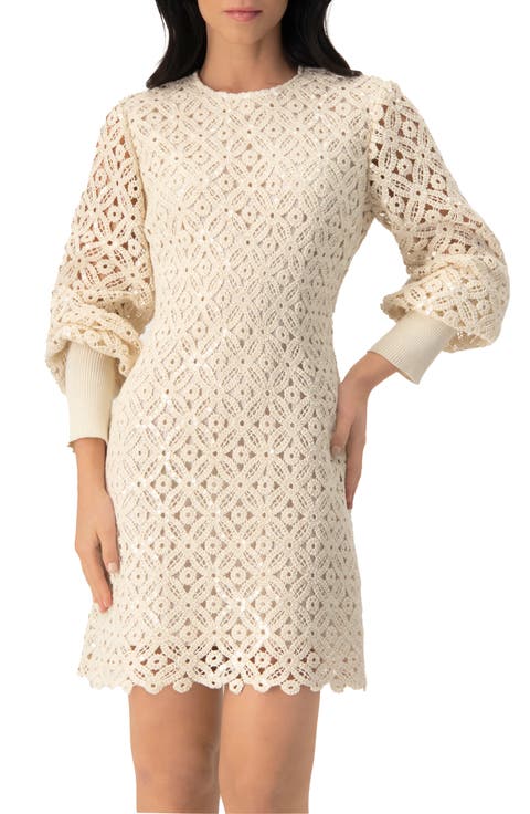 Embroidered Crochet Mini Dress with Sequin Detailing