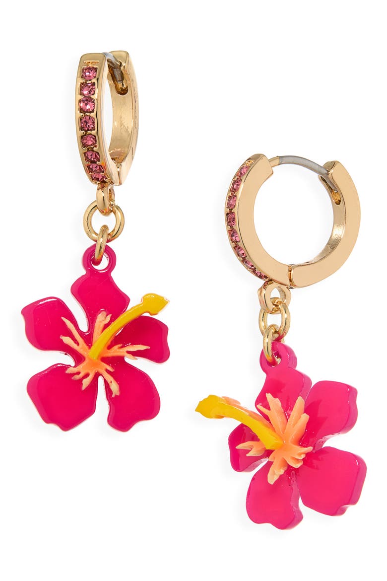Hibiscus Drop Huggie Hoop Earrings, Main, color, PINK MULTI- GOLD