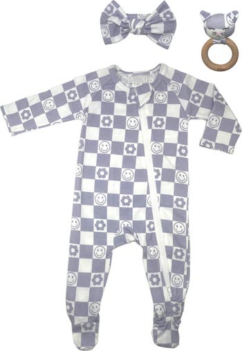 Checkered Footie, Headband & Teether Set