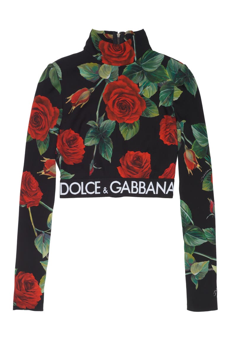 Rose Print Mock Neck Stretch Silk Crop Top, Alternate, color, HN2ZO ROSE FDO NERO
