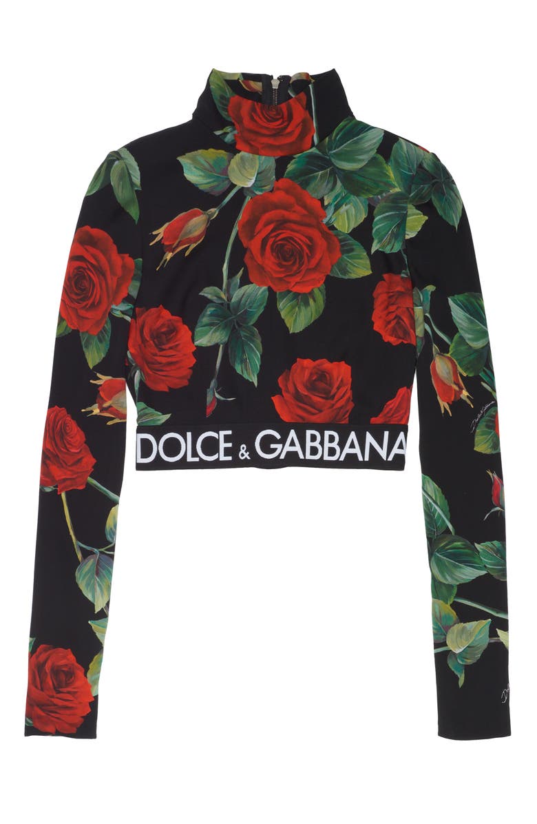 Dolce&Gabbana Rose Print Mock Neck Stretch Silk Crop Top, Alternate, color, 