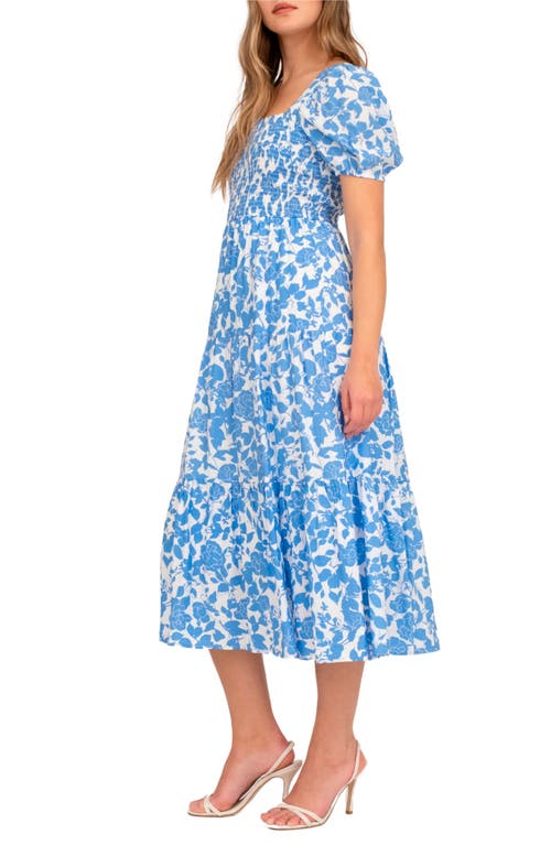 August Sky Floral Puff Sleeve Smocked Midi Dress In Blue Multi