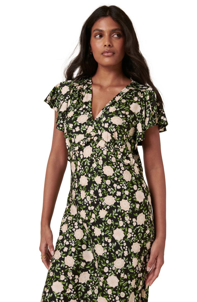 Nobody's Child Martha Flora Flutter Sleeve Midi Dress, Alternate, color, Black