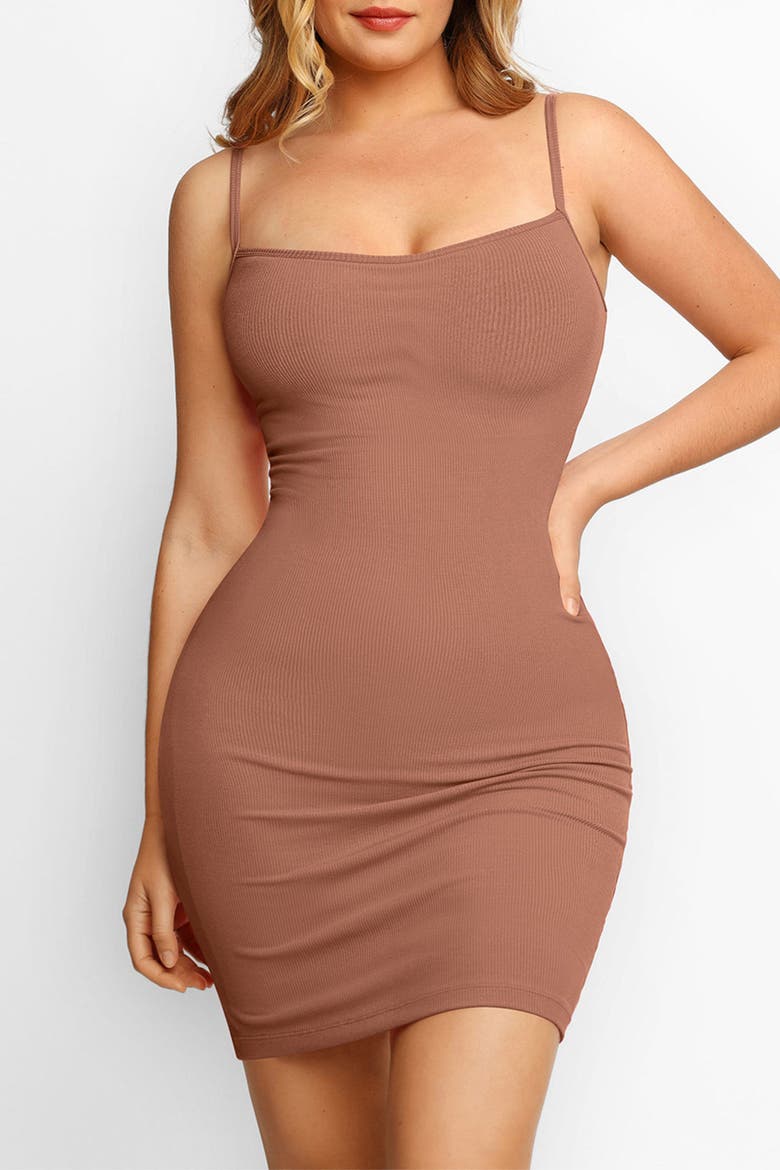 Shapewear Solid Modal Butt Lift Mini Slip Dress, Alternate, color, Caramel