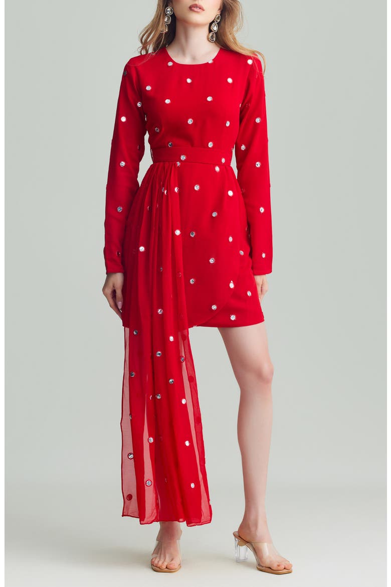 Kaia Long Sleeve Minidress with Removable Drape Belt, Main, color, RED