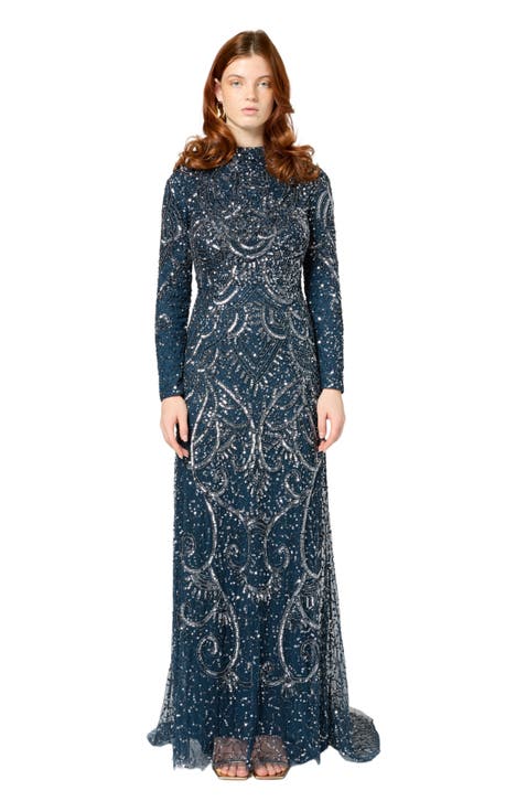 Occasion Modest Embellished Sequin Beaded High Neck Evening Maxi Dress
