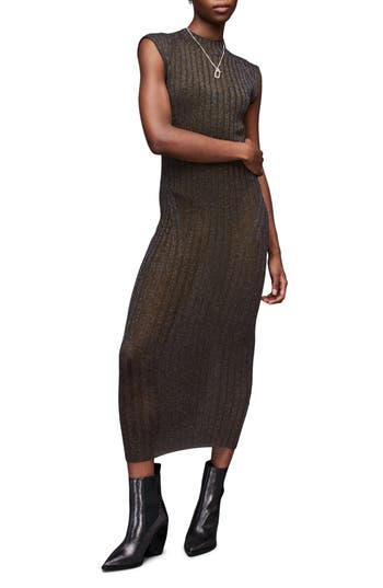 Shop Allsaints Patrice Cap Sleeve Rib Midi Sweater Dress In Black/royal Blue