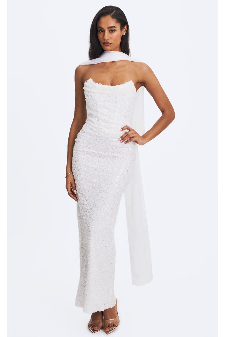 Myra Beaded Mesh Strapless Maxi Dress, Alternate, color, White