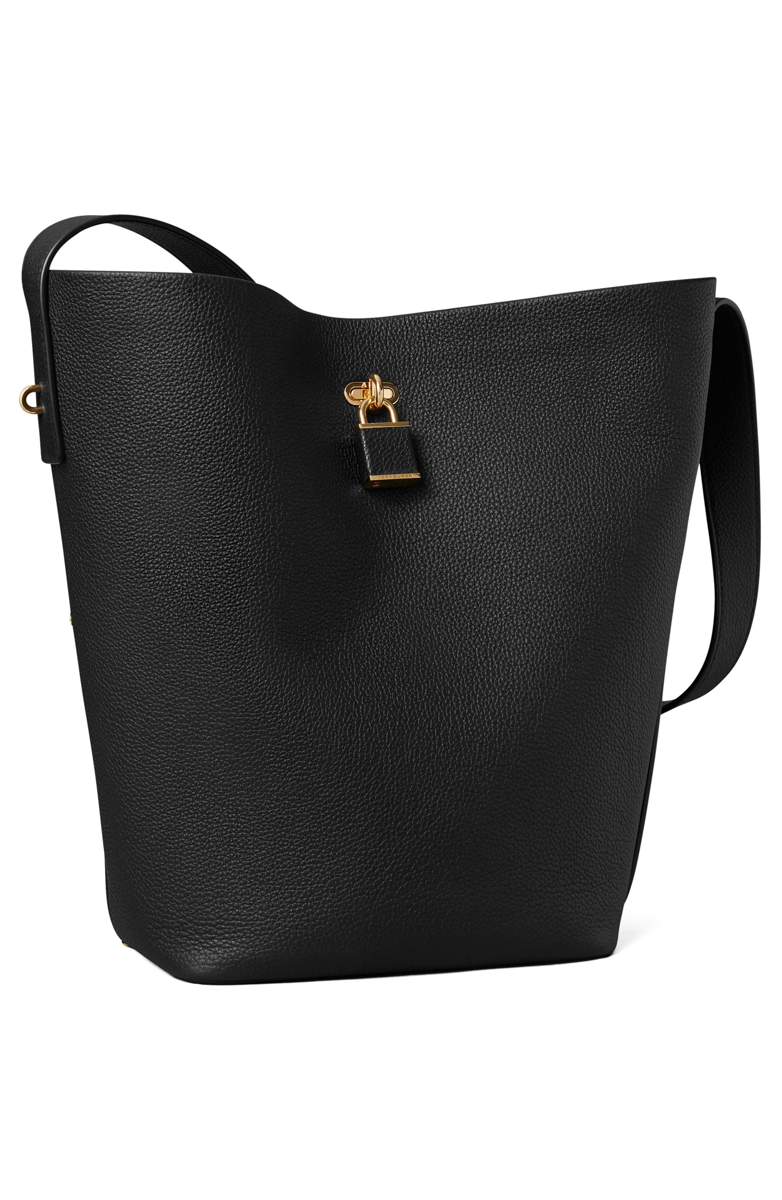 Tory Burch Slim Lock Leather Bucket Bag, Alternate, color, Black