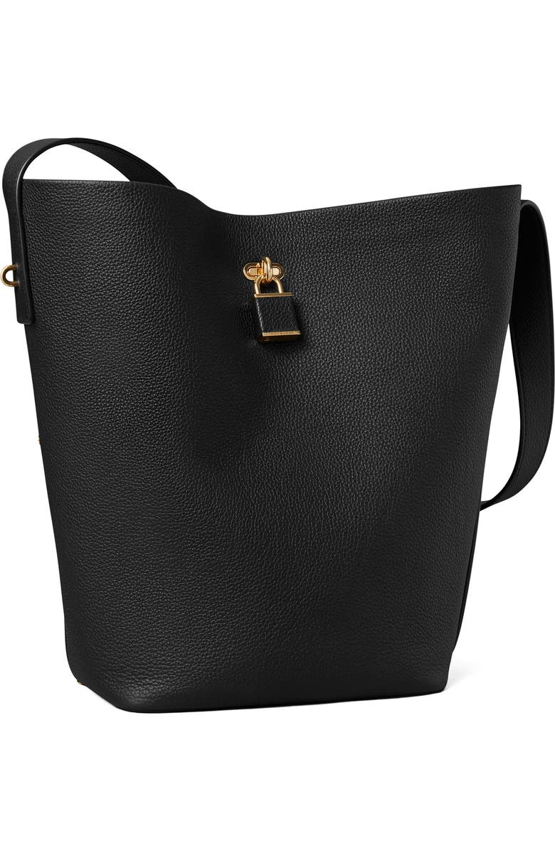 Tory Burch Slim Lock Leather Bucket Bag, Alternate, color, Black
