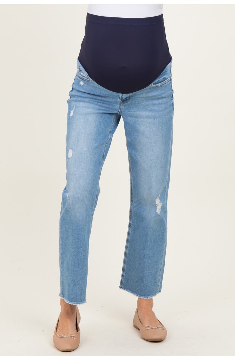 PinkBlush Distressed Raw Hem Cropped Straight Leg Maternity Jeans, Alternate, color, Blue