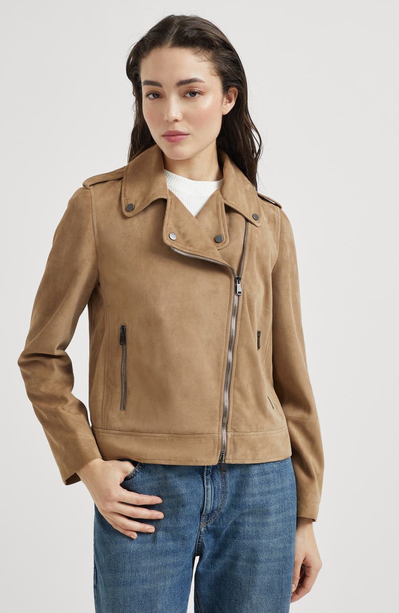 Brunello Cucinelli Suede biker jacket, Alternate, color, Hazelnut
