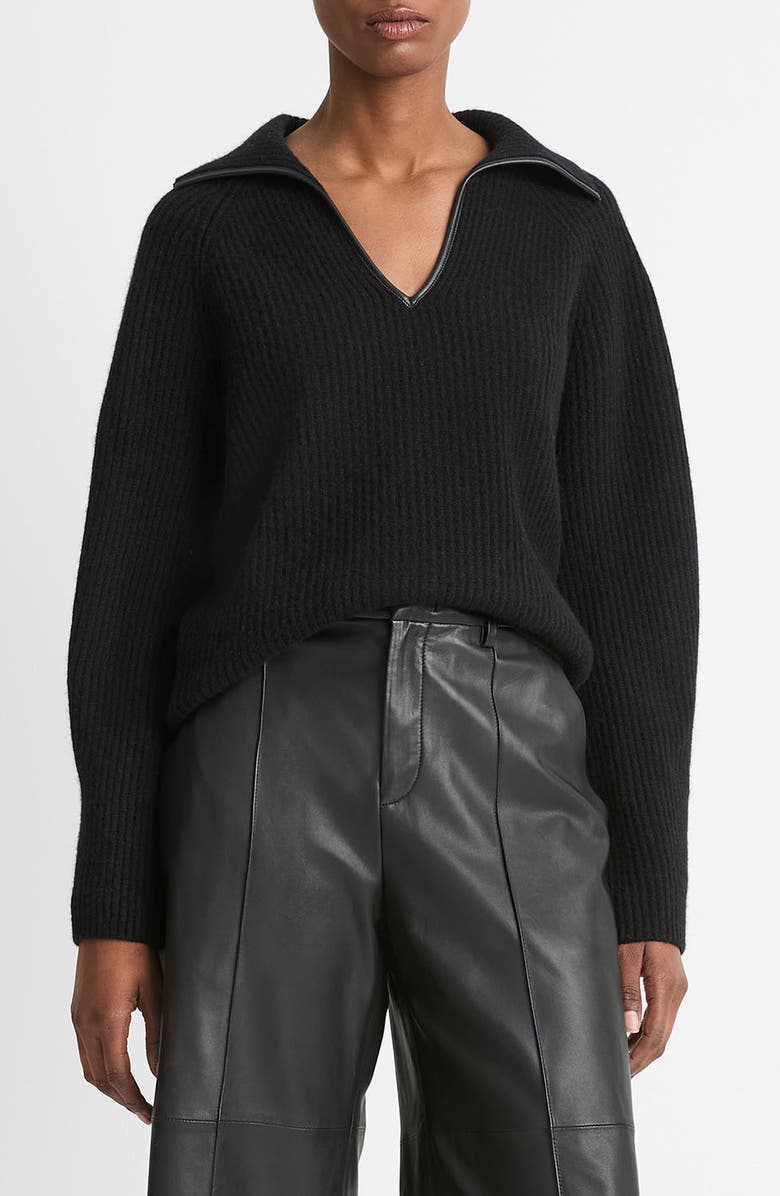 Vince Leather Trim Wool & Cashmere Sweater, Main, color, Black