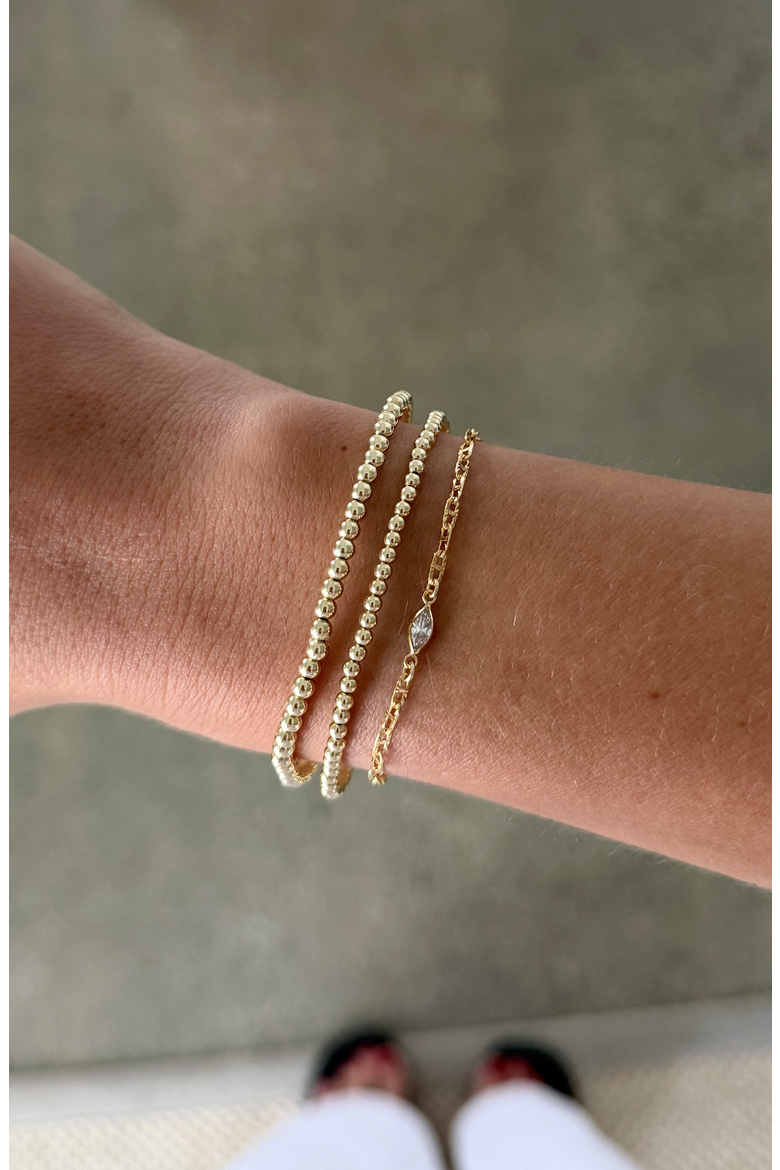 Marquise Bezel Dainty 14k Gold Filled Chain and Bead Bracelet Three Stack, Alternate, color, Gold