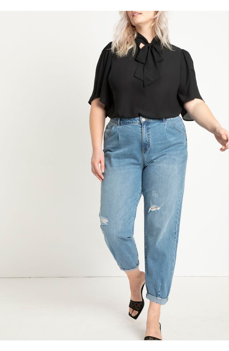 ELOQUII Bow Blouse With Flutter Sleeve, Alternate, color, Black