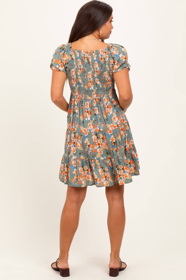 Floral Smocked V-Neck Puff Sleeve Dress, Alternate, color, Olive Green