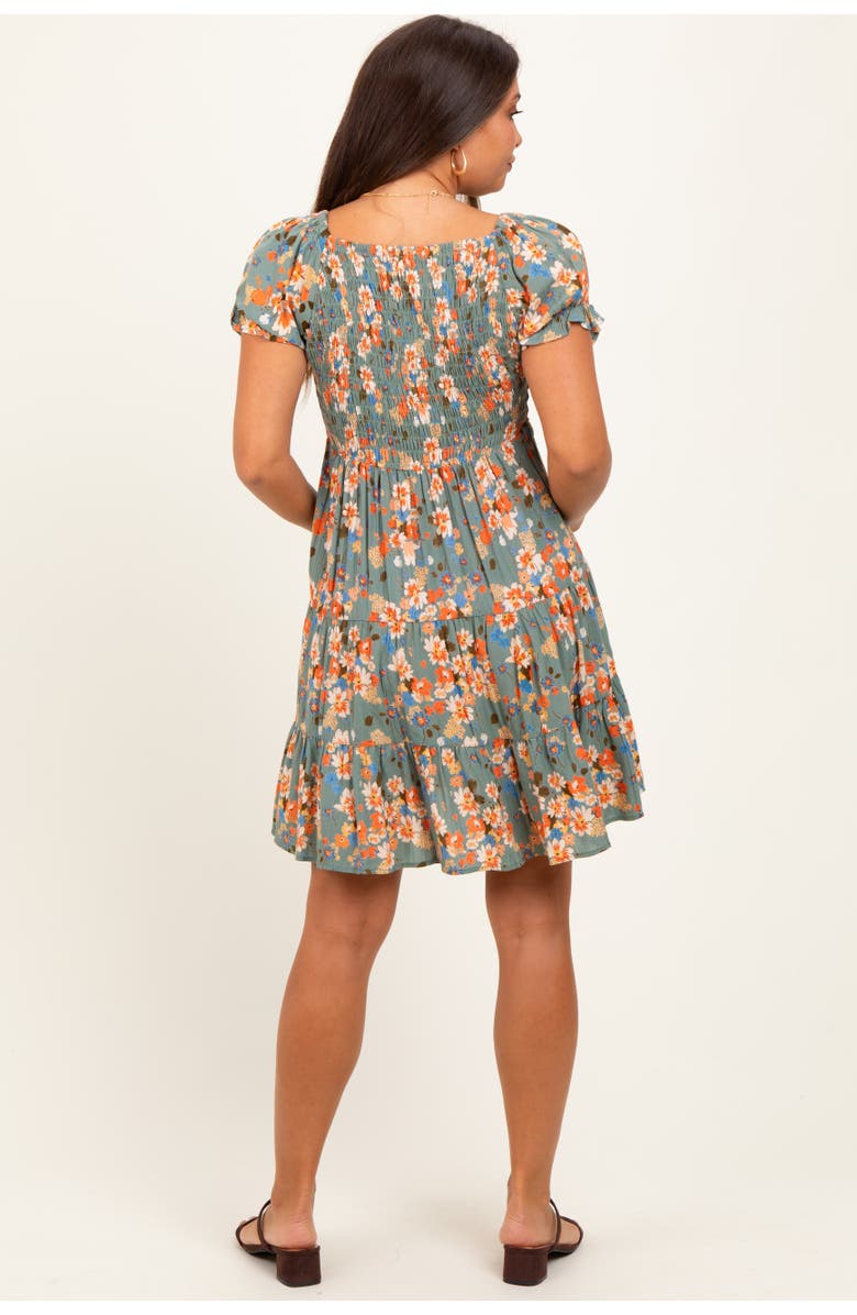 PinkBlush Floral Smocked V-Neck Puff Sleeve Dress, Alternate, color, Olive Green