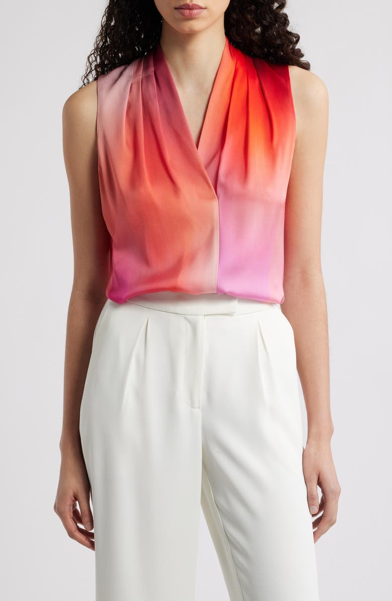 KOBI HALPERIN Pleated Sleeveless Stretch Silk Top, Main, color, Poppy Multi