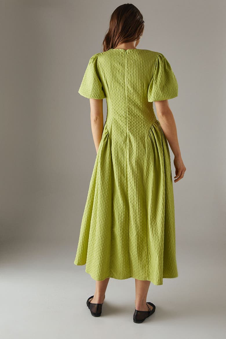 Seersucker Puff Sleeve Midi Dress, Alternate, color, Chartreuse