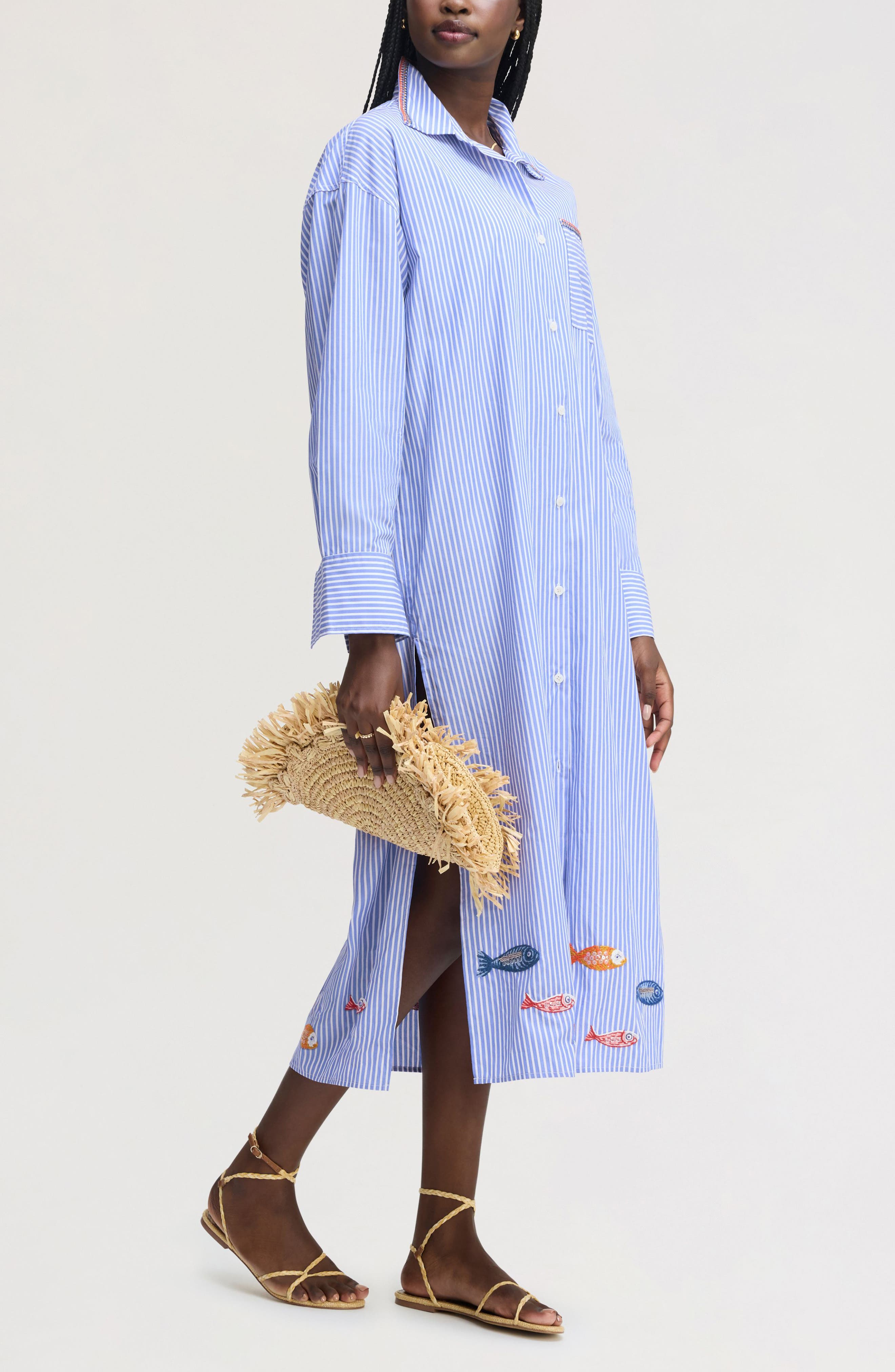 Embroidered Sequin Oversize Cotton Shirtdress - image 2