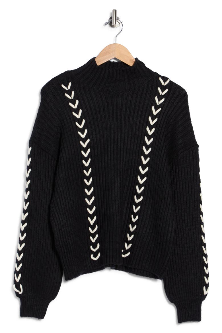 Ottoman Whipstitch Mock Neck Sweater, Main, color, BLACK/ CREAM