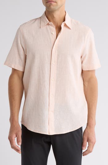 14th & Union Linen & Cotton Short Sleeve Button-up Shirt In Coral Beach- White Eoe