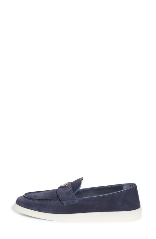 Prada Enamel Triangle Logo Suede Loafers In Bleu