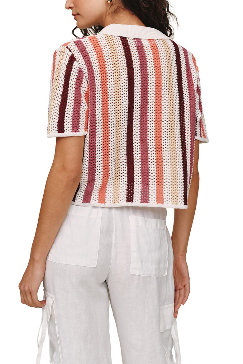 Stripe Openwork Short Sleeve Crop Knit Button-Up Shirt, Alternate, color, BEACH SIDE STRIPE