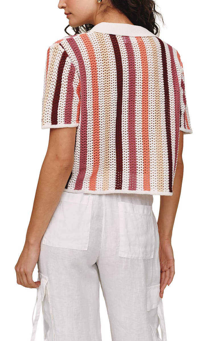 Bella Dahl Stripe Openwork Short Sleeve Crop Knit Button-Up Shirt, Alternate, color, Beach Side Stripe