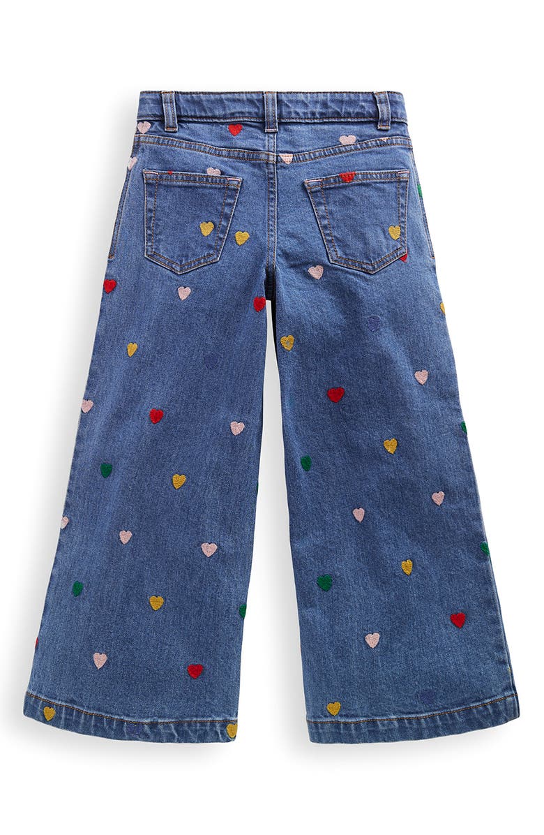 Mini Boden Kids' Heart Embroidered Wide Leg Denim Jeans, Alternate, color, Mid Vintage Denim Hearts