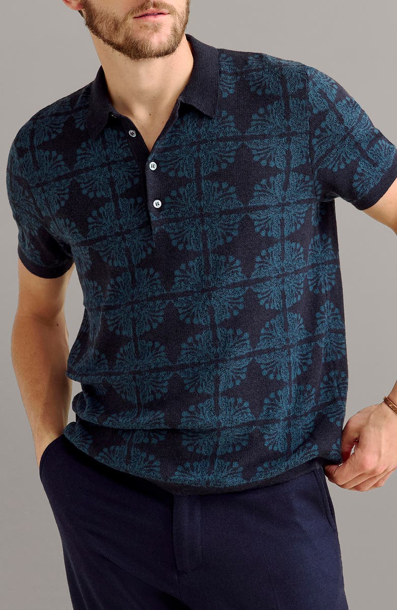 Billy Reid Tile Jacquard Polo Sweater, Main, color, Carbon Blue