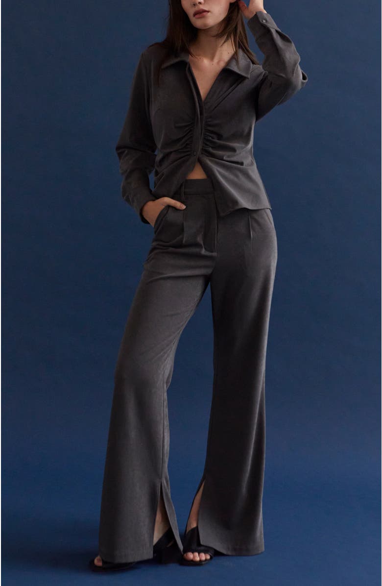 CRESCENT Brushed Ruched Button Up Top, Alternate, color, Charcoal