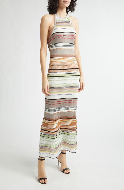 Flame Space Dye Stripe Knit Halter Neck Dress