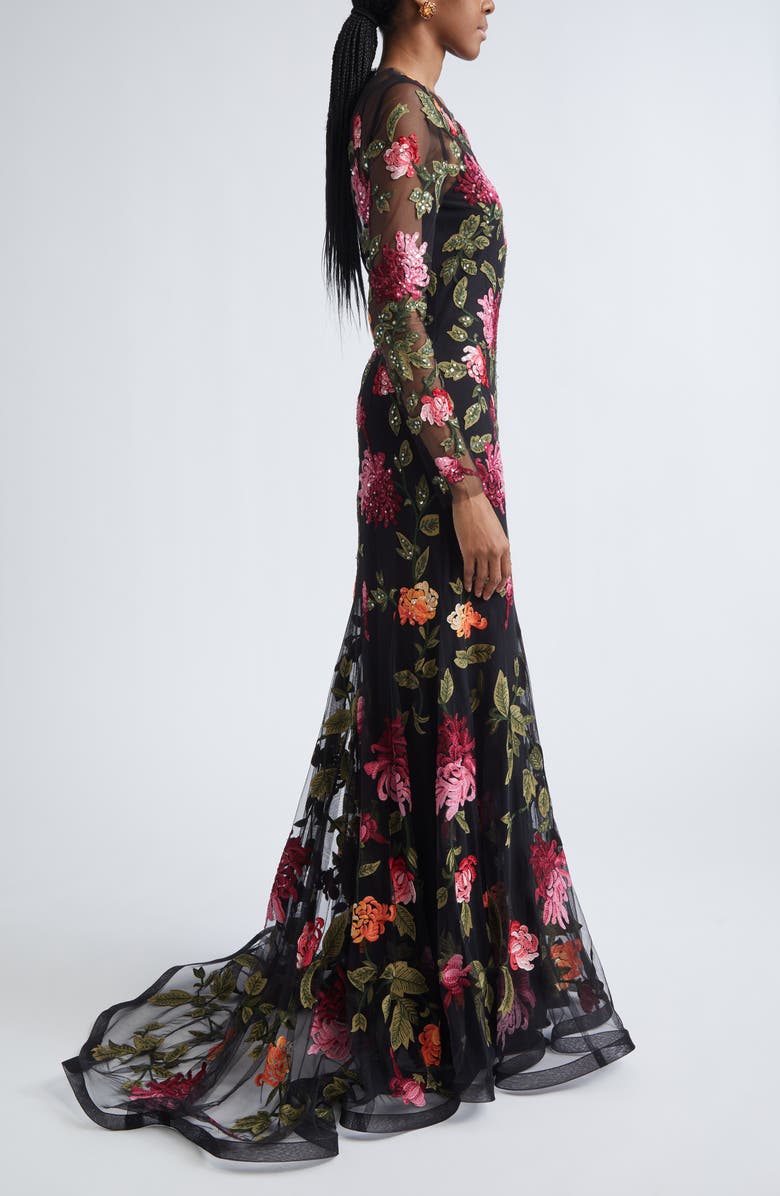 Carolina Herrera Chrysanthemum Embroidered Long Sleeve Tulle Trumpet Gown, Alternate, color, Black Multi