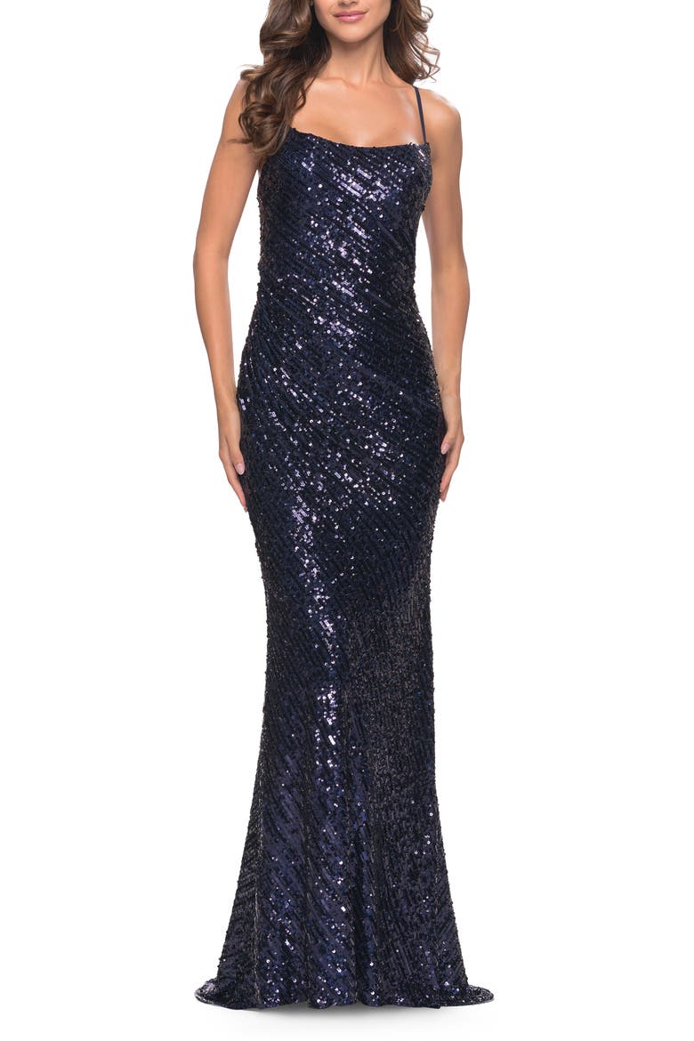 Long Sequin Dress with Lace Up Strappy Back, Main, color, Navy