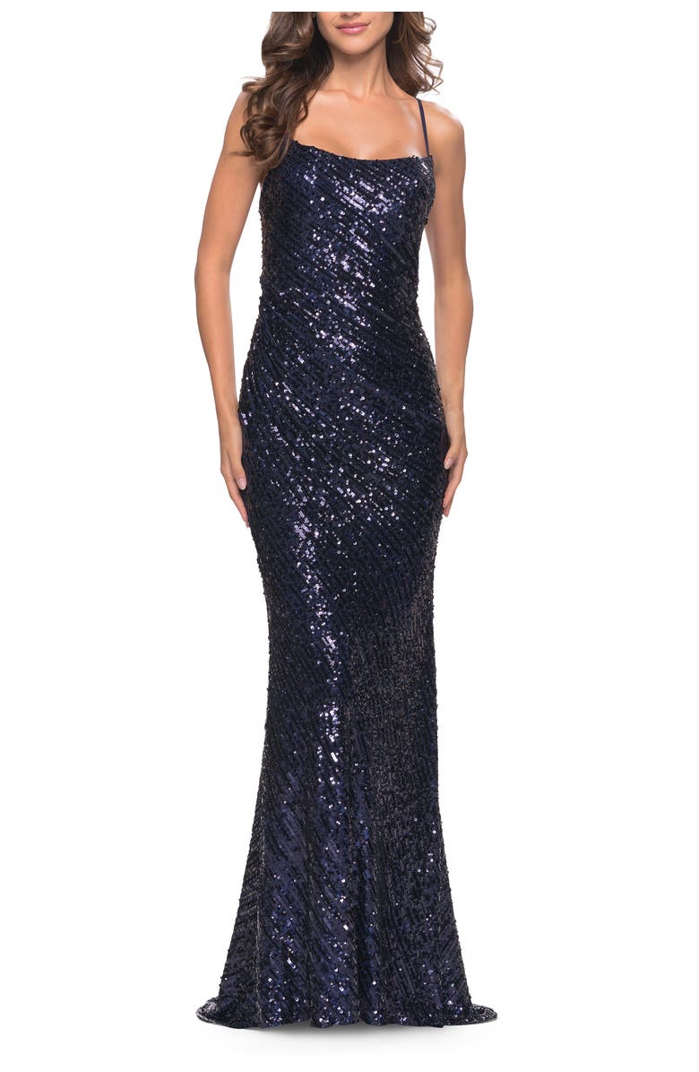 La Femme Long Sequin Dress with Lace Up Strappy Back, Main, color, Navy