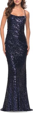 La Femme Long Sequin Dress with Lace Up Strappy Back