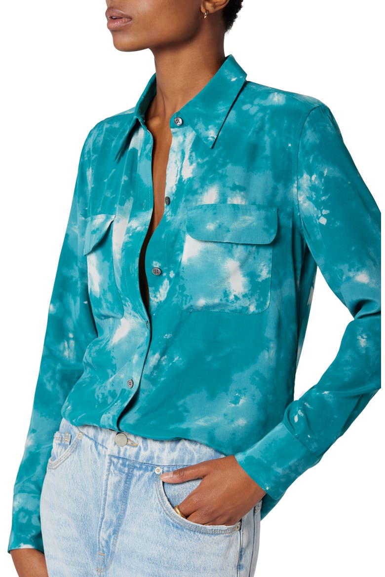 Signature Slim Fit Silk Button-Up Shirt, Alternate, color, SPRING TEAL AND METAL