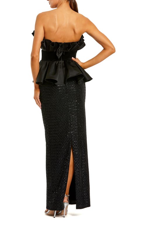 Mac Duggal Strapless Satin Peplum Top With Sequin Skirt Gown In Black