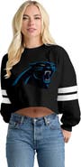 SPIRIT JERSEY Women's Spirit Jersey Black Carolina Panthers Oversized Cropped Stripe Long Sleeve T-Shirt