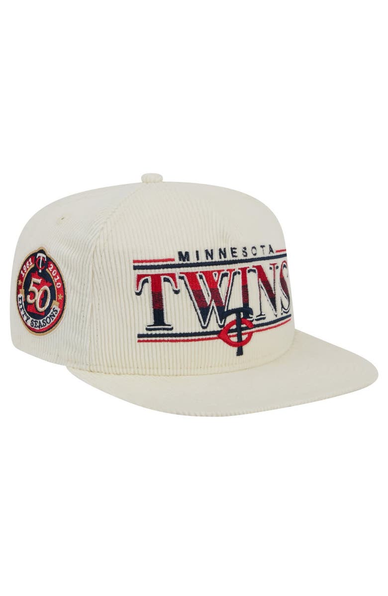 New Era Men's New Era Cream Minnesota Twins Throwback Bar Golfer Corduroy Snapback Hat, Main, color,