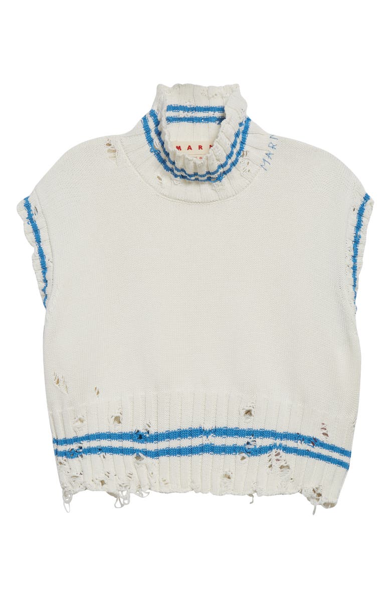Marni Mending Logo Distressed Boxy Cotton Turtleneck Sweater, Alternate, color, V2w01 Lily White