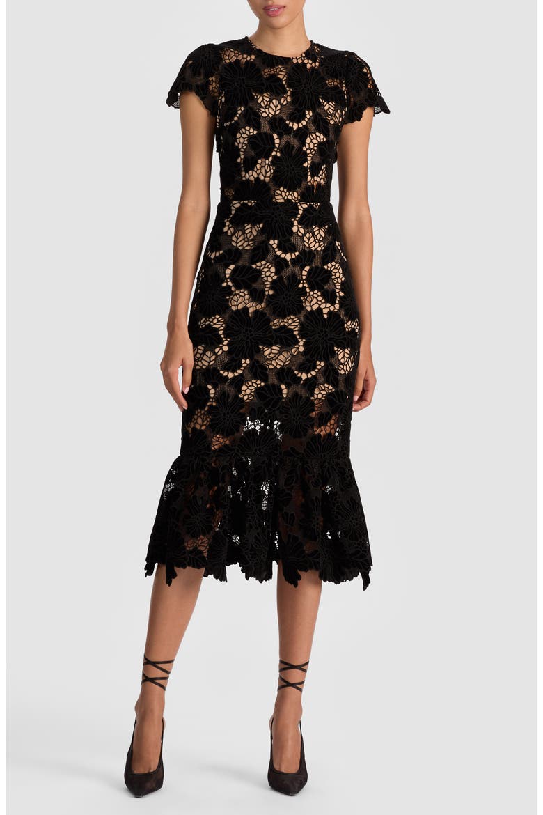 Clover Open Back Lace Overlay Midi Dress, Main, color, BLACK