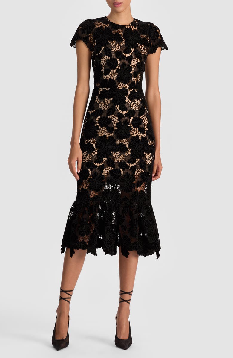 Alice + Olivia Clover Open Back Lace Overlay Midi Dress, Main, color, Black