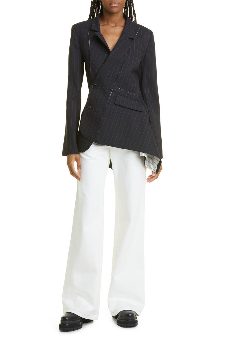 Pinstripe Deconstructed Asymmetric Stretch Wool Blazer, Alternate, color, PINSTRIPE/ MIDNIGHT