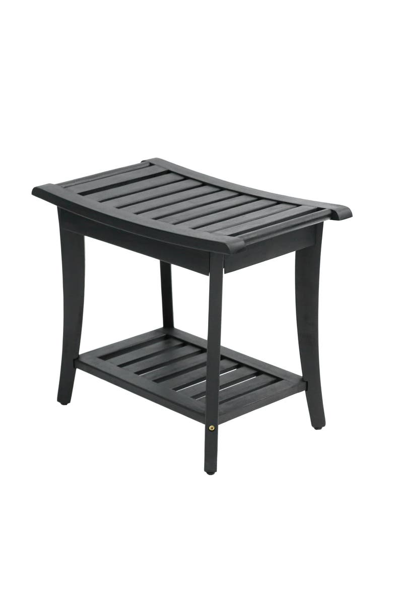 JONATHAN Y Tucker 22.1" Traditional Classic Slatted Solid Acacia Wood Indoor/Outdoor Shower Bench with Shelf and Handle, Main, color, Black