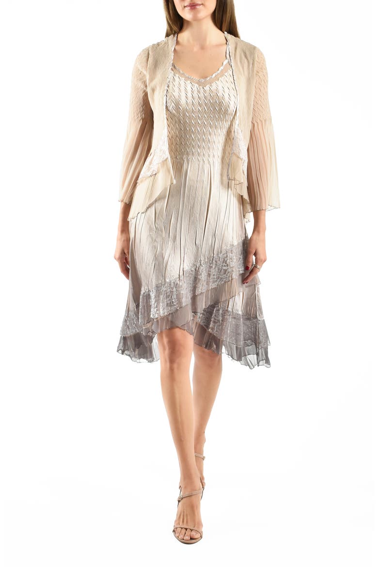Lace Trim Tiered Charmeuse & Chiffon Cocktail Dress with Jacket, Main, color, BEACH CAFE OMBRE