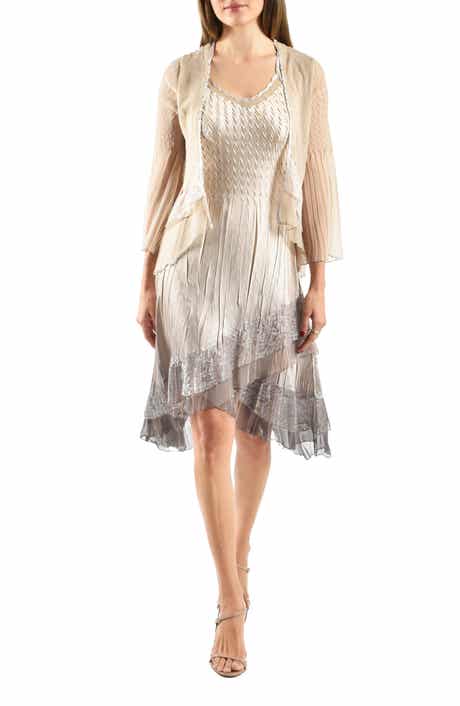 Komarov Lace Trim Tiered Charmeuse & Chiffon Cocktail Dress with Jacket
