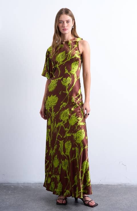 Asymmetric Bias Cut Satin Maxi Dress